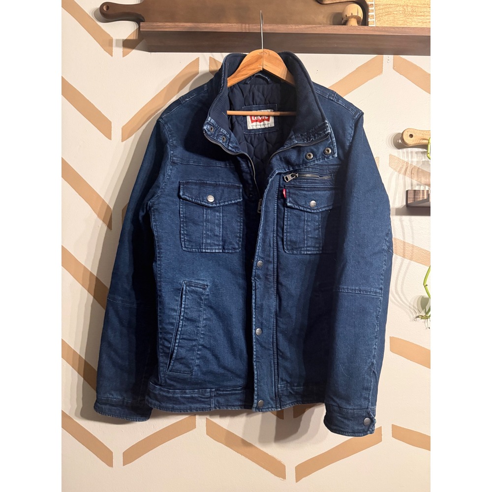 Levi's Field Jacket Mens Small Dark Blue Denim Quilted Utility Trucker Coat